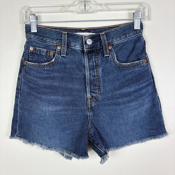 Levi's Premium Denim Dark Wash Button Fly High Waist Ribcage Shorts in Noe Five - Picture 2 of 11